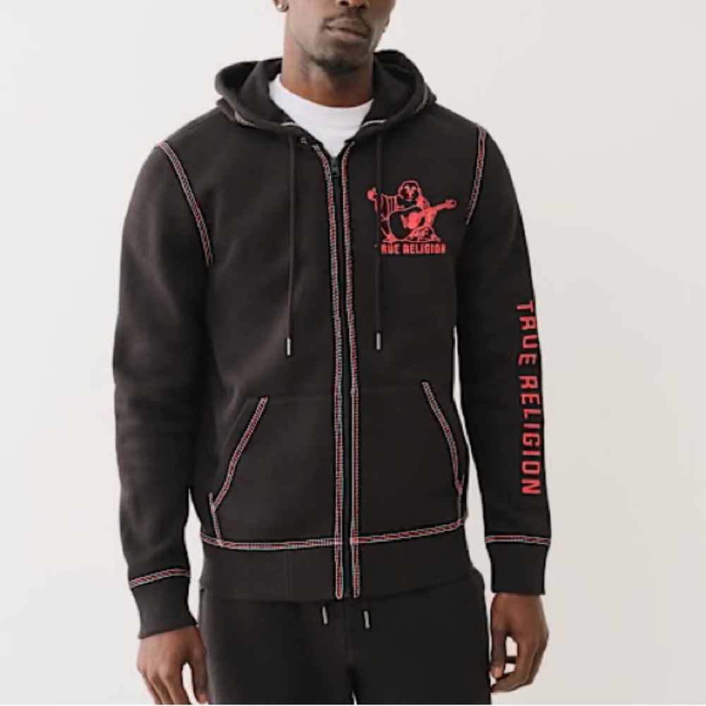 True Religion Embossed Triple Stitch Hoodie – Black | Size Large